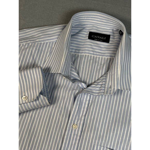 Canali Mens Light Blue White Stripe Dress Shirt Made in‎ Italy Size 44 17.5